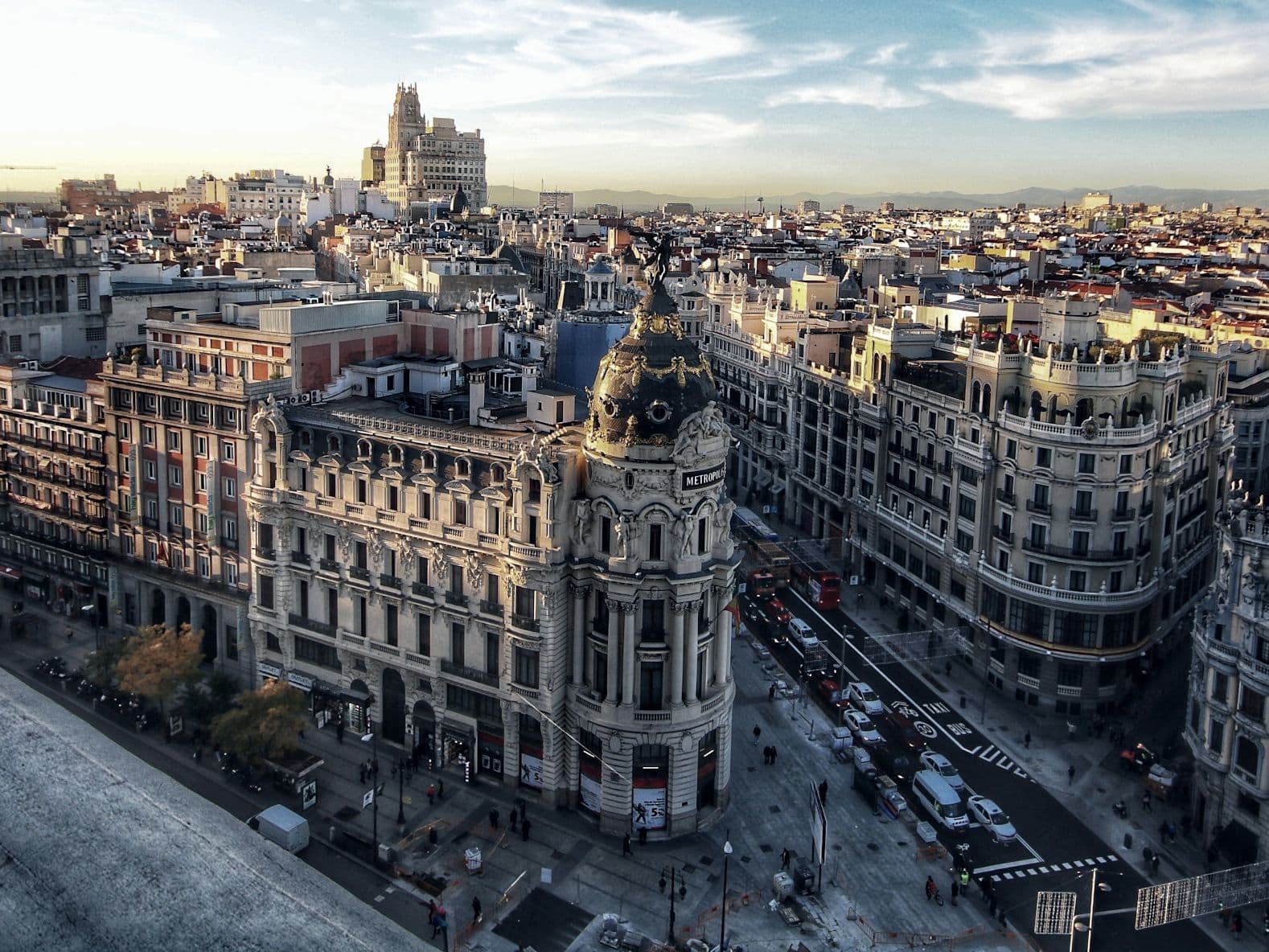 Gran Via and the Metropolis building from above, Madrid